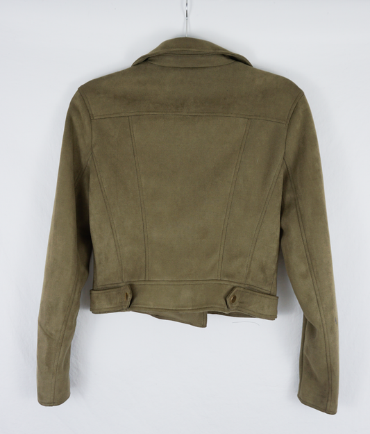 Fitted crop suede blazer with accented silver zippers.